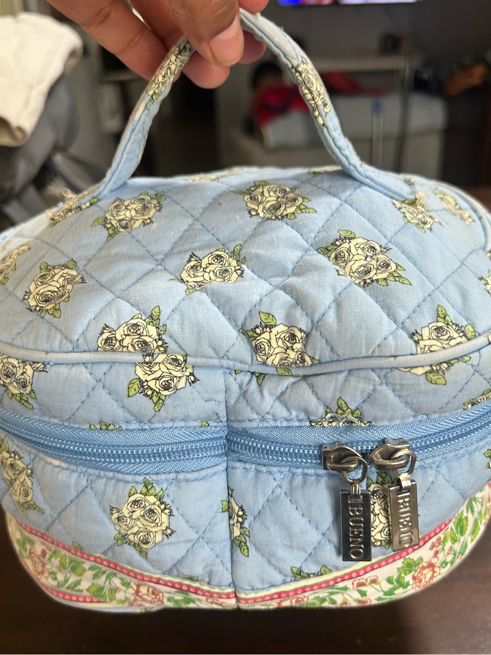 Bueno Light Blue Quilted Floral Cosmetic Bag with Handle